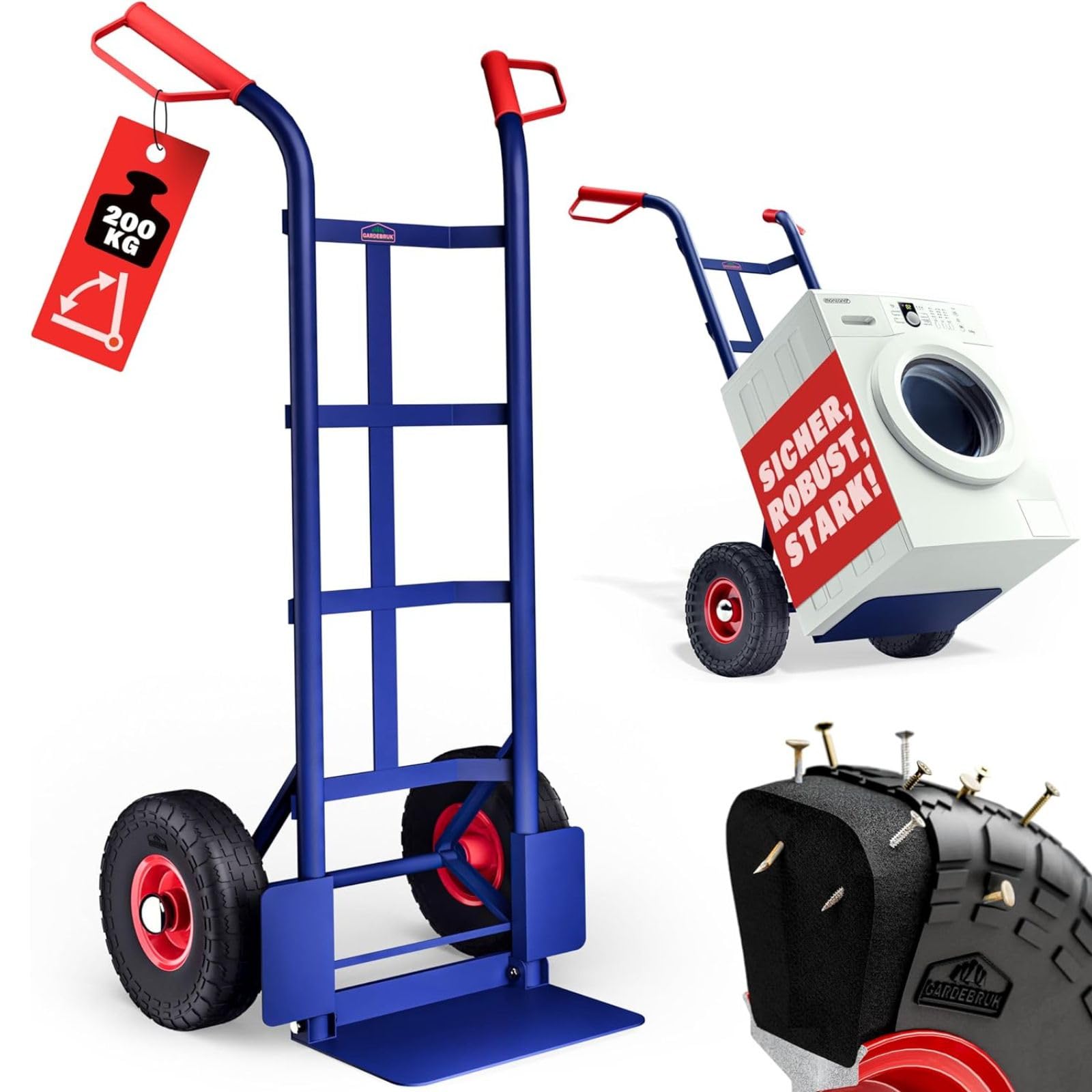 DASCK Carro de Carga 200 kg con Ruedas Neumáticas – Carretilla Industrial de Acero Reforzado con Plataforma 35x18 cm y Empuñaduras Ergonómicas Antideslizantes