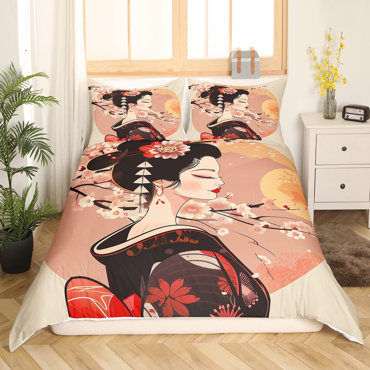 Homemissing Kids Japanese Geishas Bedding Set Double Size Boys Girls Cherry Blossoms Comforter Cover Set Japanese Style Duvet Cover Japanese Tradition Aesthetic Bedspread Cover (No Comforter) - Image 3
