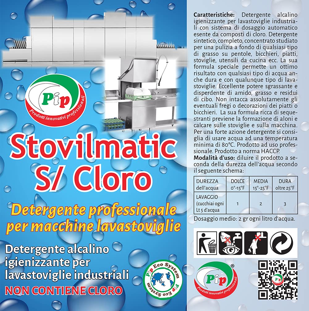 PIP Detergente Lavastoviglie Professionale Stovilmatic, Detersivo Stoviglie Industriale, Lavapiatti, Bicchieri, Pentole, Disincrostante, Anticalcare, Senza Cloro, Tanica UN LT.5, set 2 pezzi Kg.12