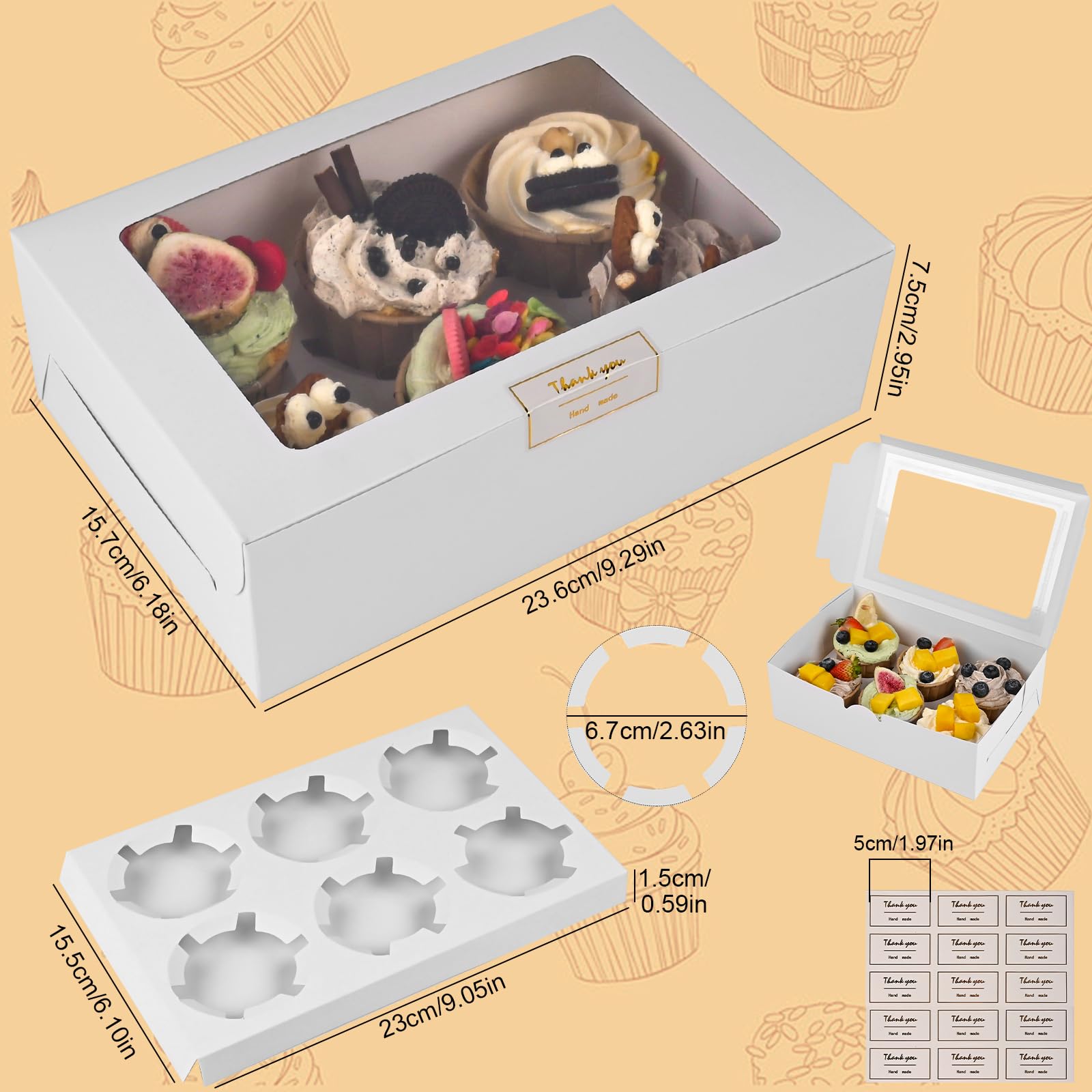 18 Scatole Per Cupcake Con Finestra - Con Corda E Adesivi | Per Torte, Muffin, Biscotti | Regalo Ideale - Foto 4