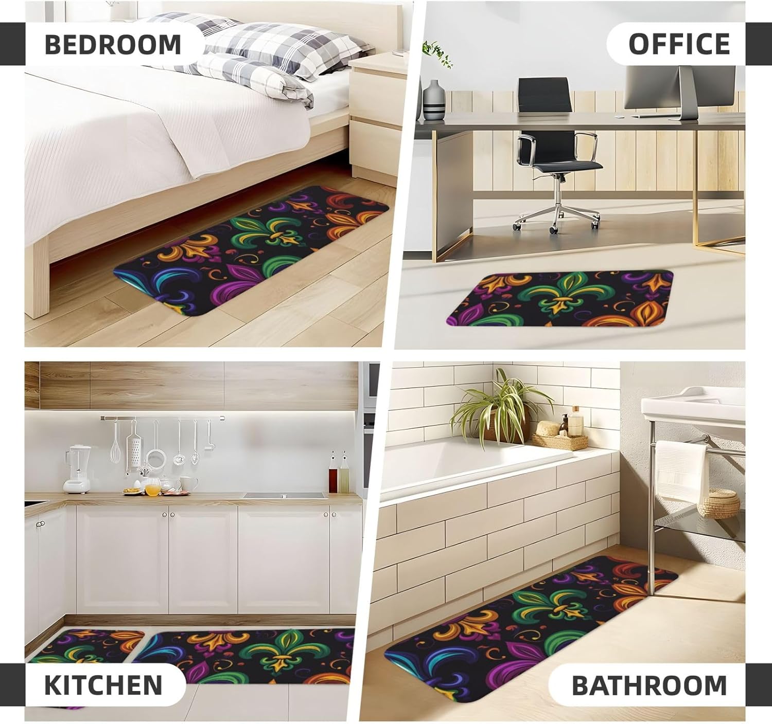 Colorful Mardi Gras Kitchen Mats for Floor, Fleur De Lis Kitchen Rug Runner Non-Slip Kitchen Mats and Rugs 2PCS Absorbent Standing Mats for Office Desk Sink