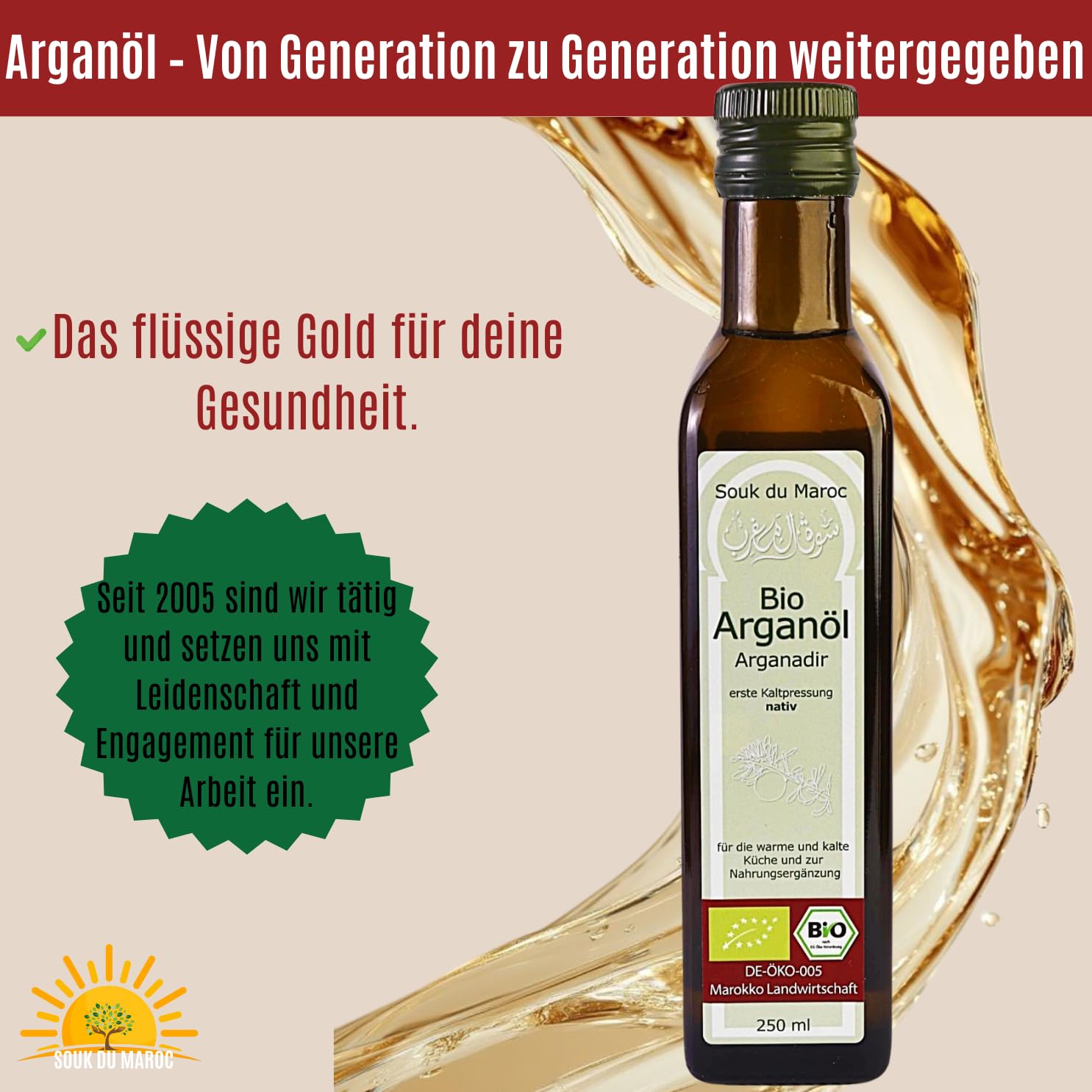 Aceite de argán orgánico Aceite comestible Arganadir prensado en frío nativo de Marruecos, 250 ml ✔ 100% vegano puro ✔ para cocina, ensaladas y suplementos nutricionales