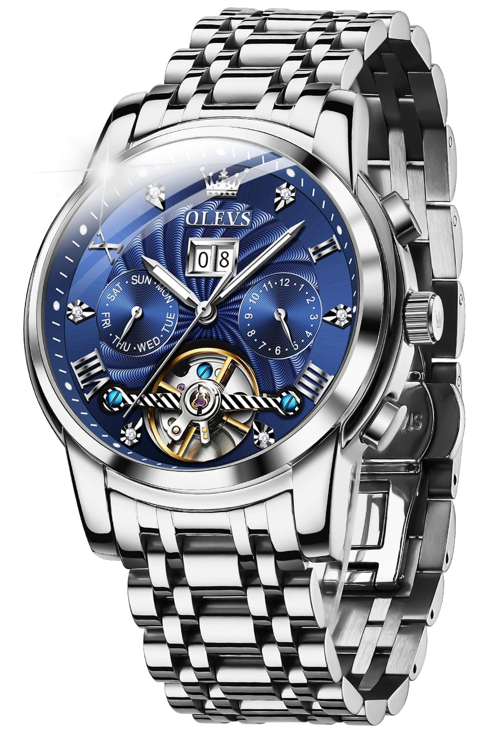 OUPINKE Herrenuhren Automatik Skelett Mechanische Armbanduhr mit Diamanten Tourbillon Wasserdicht Luminous Tag Datum Schwarz Edelstahlarmband