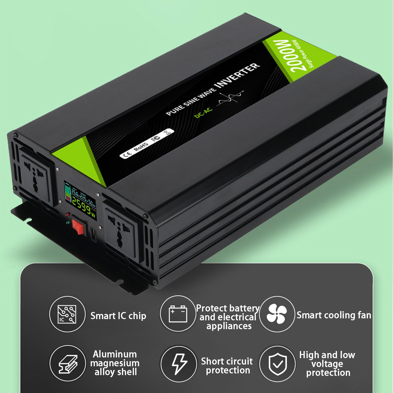 Convertisseur de Courant pour Voiture, DC 12 V/24 V/48 V vers AC 110 V/220 V, Adaptateur de Prise de Voiture pour Charger un Ordinateur Portable, Consoles et Plus Encore,2000W-DC24V-AC220V