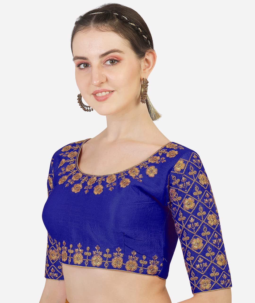 Pujia Mills Women's Phantom Silk Embroidery Handwork Work Half Sleeve Readymade Saree Blouse (Madhubala Blouse_Royal Blue_ 36 Size +Margin
