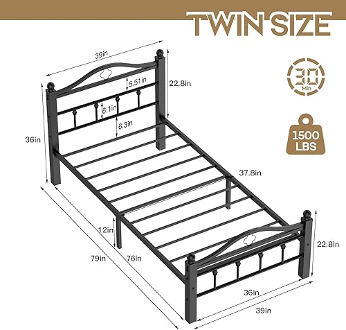 Miniatura 2 de Marco de Cama Tamaño Individual con Cabecera Vintage, Marco de Cama Plataforma Individual de Servicio Pesado de 1500 Libras con Diseño Libre de