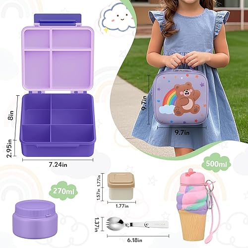Miniatura 5 de Lonchera infantil con 5 compartimentos, tarro de alimentos aislado y recipiente para utensilios y salsas, bolsa de almuerzo y taza plegable de