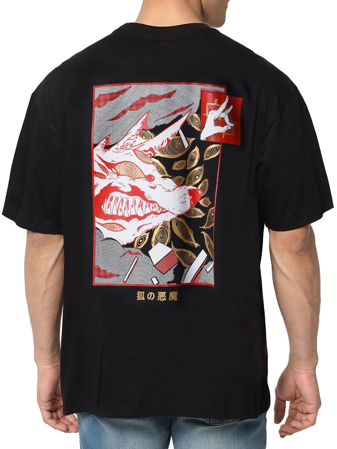 ComicSense.xyz Unisex Chainsaw Man Anime Oversized T Shirts for Men and Women, Fox Devil Printed Drop Shoulder Tshirt