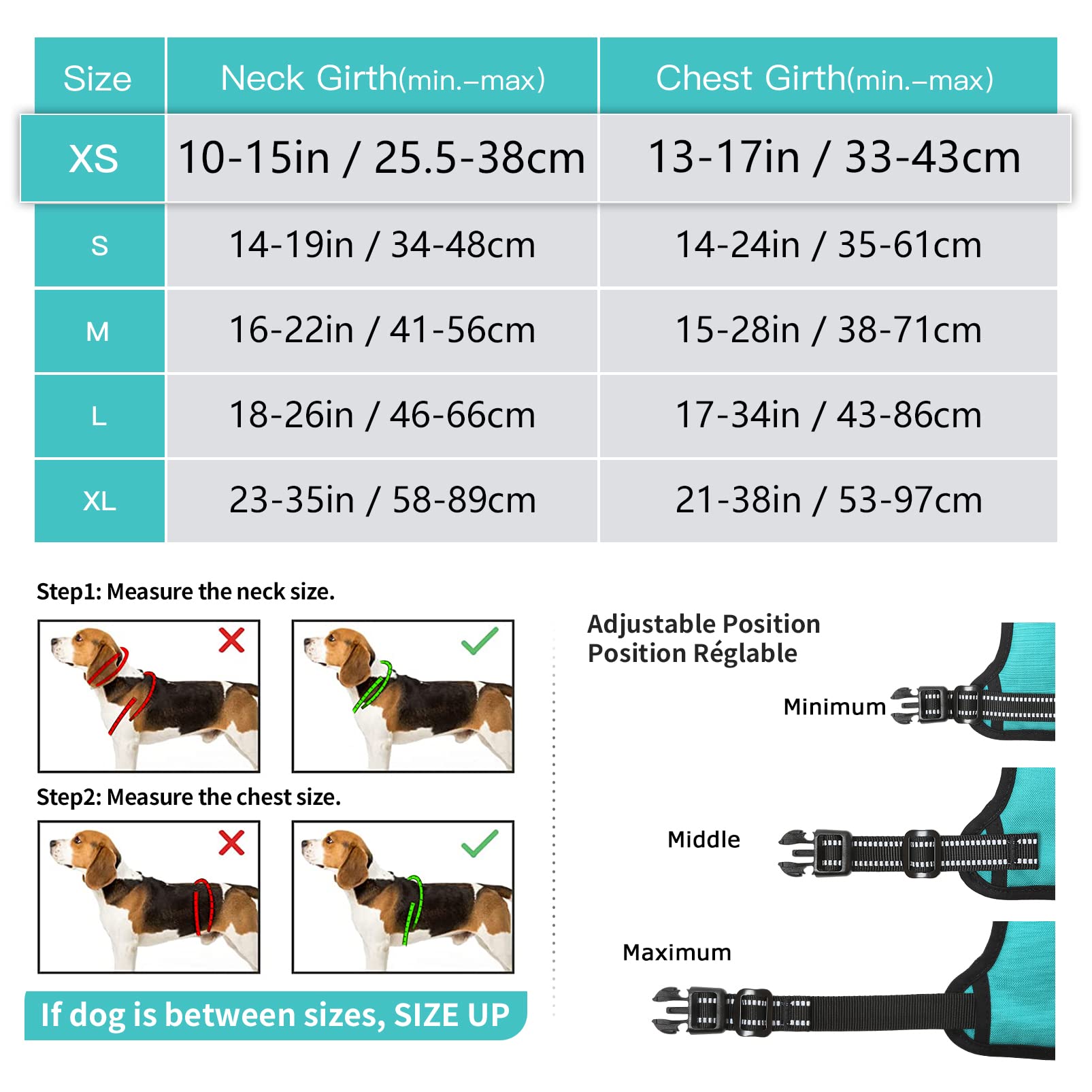 HEELE Pettorina per Cani No-pull Pettorina Cane con Manico Imbracatura Riflettente Traspirante, Robusta Pettorina Cane Taglia Piccola, per Camminare, Addestrare Le Passeggiate, Turchese, XS