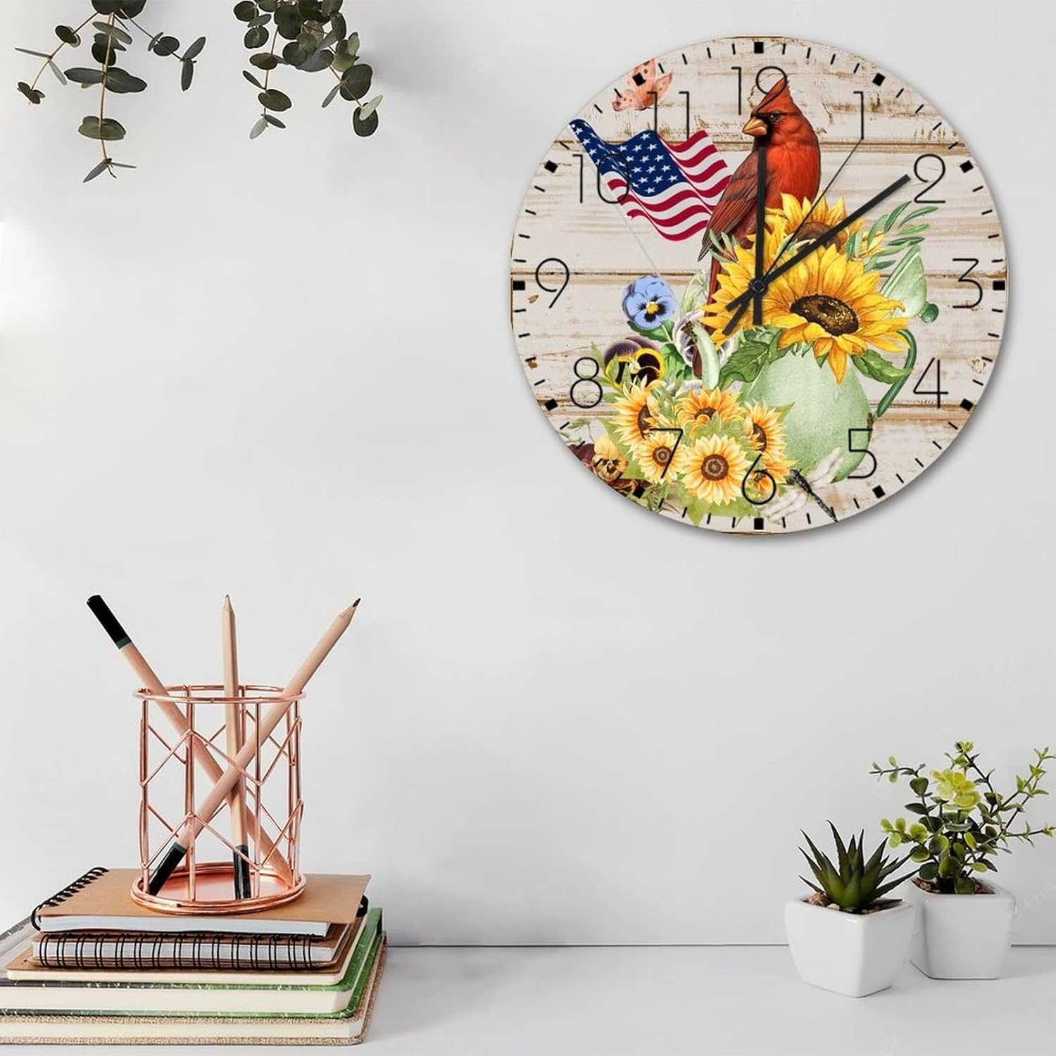 15" Silent Non-Ticking Wall Clocks Battery Operated 4th of July Patriotic Sunflower Cardinal Wall Decor for Bathroom American Flag USA Veterans Retro Round Wooden Wall Clock Country for Cabin Washroom