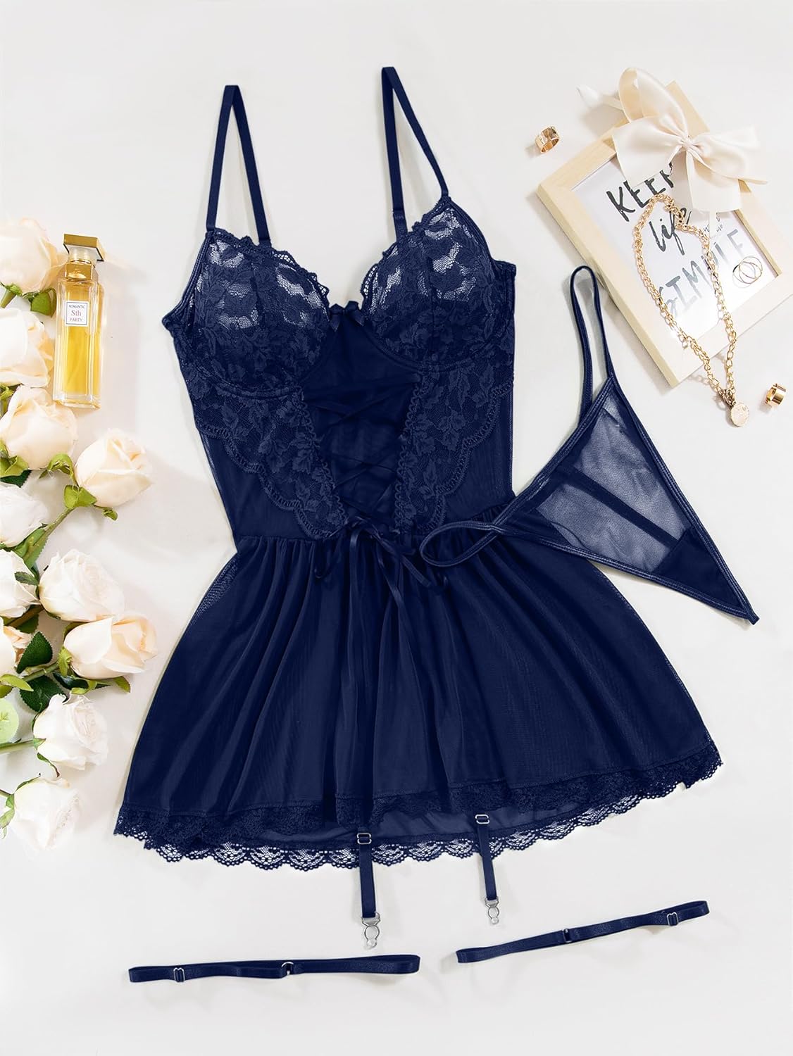 Lilosy Sexy Garter Belt Mesh Lace Babydoll Lingerie Dress Set with Thong - Image 5