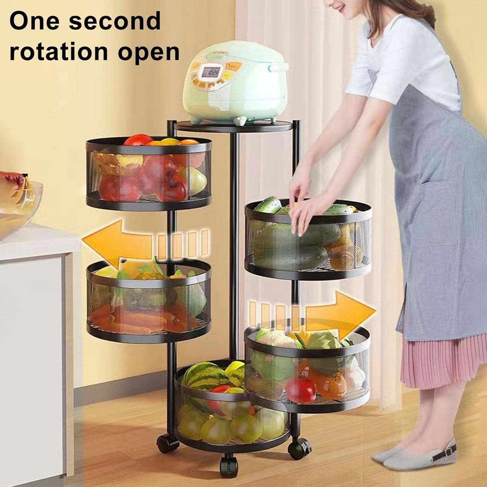 Scaffale rotante a 5 ripiani con ruote, per cucina, dispensa e bagno, cestino portaoggetti per frutta, verdura e spezie