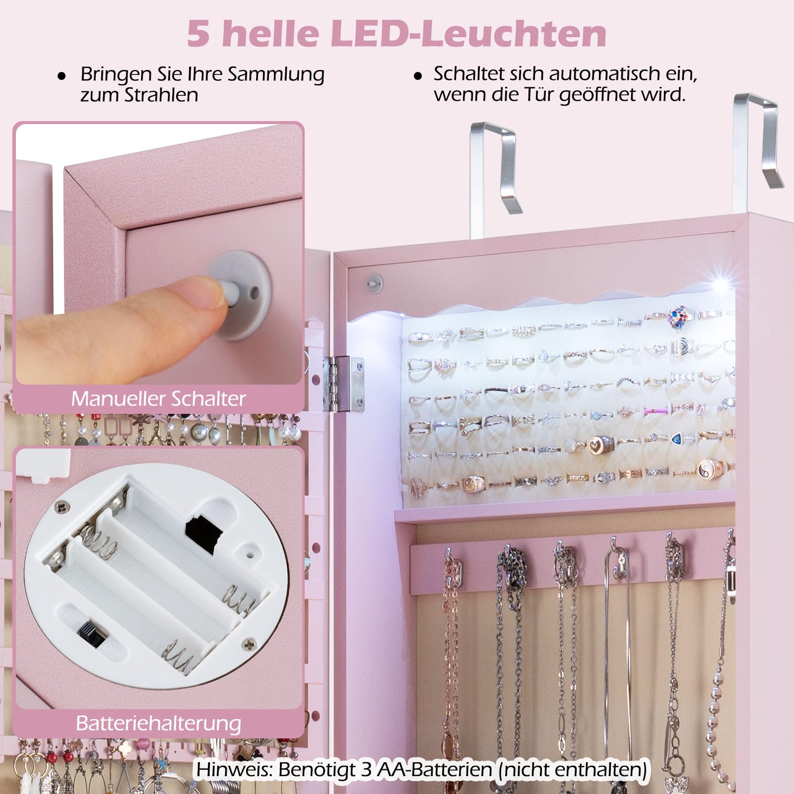COSTWAY Schmuckschrank mit LED Beleuchtung, 6 Schubladen und Spiegel, Sipegelschrank hängend, Hängeschrank für Tür und Wandmontage, abschließbar (Rosa)
