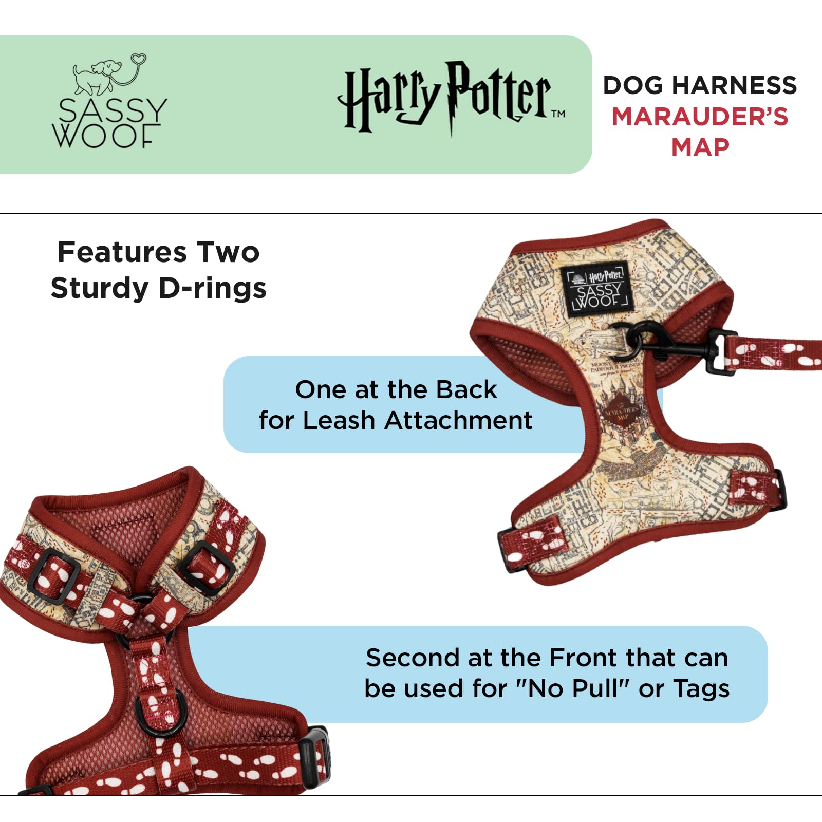 Sassy Woof Arnés Ajustable para Perro, Harry Potter™ Marauder's Map™, XS, Malla Transpirable, diseño sin tirones con Dos Anillos en D, Perros pequeños y Cachorros, con Licencia Oficial