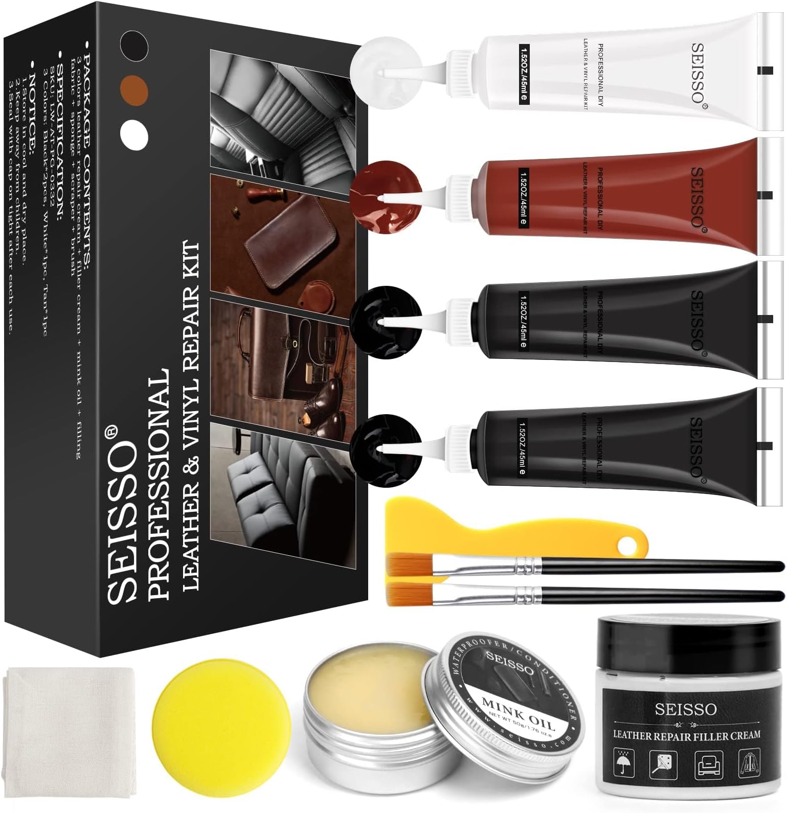 SEISSO Leather Repair Kit for Furniture, Vinyl Leather Repair Kit Car Interior Leather Dye with Mink Oil, Leather Filler Restore for Sofa Couch Cat Scratches
