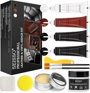 SEISSO Leather Repair Kit for Furniture, Vinyl Leather Repair Kit Car Interior Leather Dye with Mink Oil, Leather Filler Restore for Sofa Couch Cat Scratches
