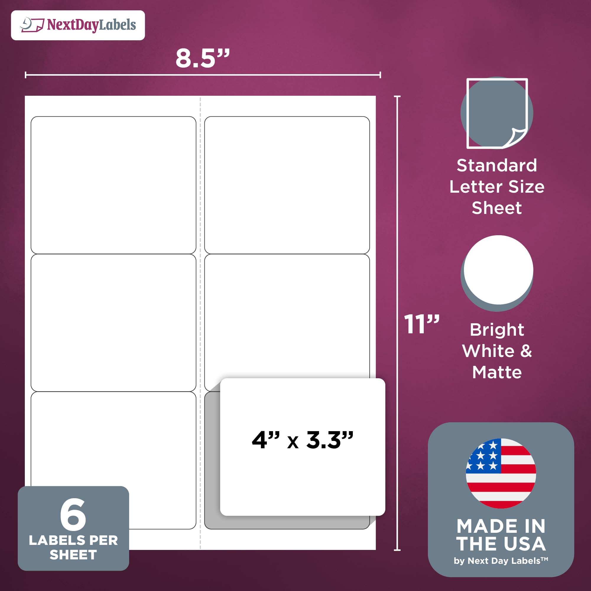 NextDayLabels - Etichette bianche a getto d'inchiostro (10,2 x 3-1/3", 6 per pagina, 600 etichette)