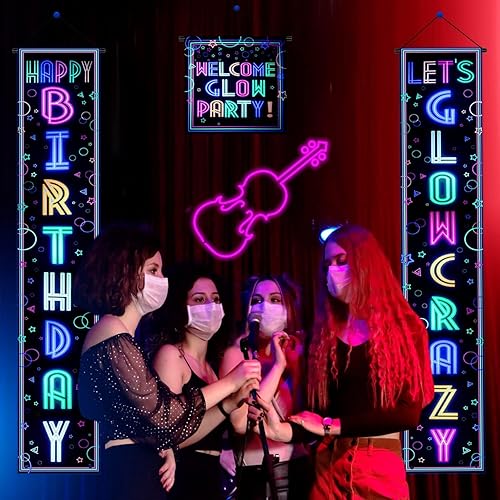 Miniatura 8 de Decoraciones de fiesta de neón – Cartel de puerta con tema de feliz cumpleaños que brilla en la oscuridad, letrero de porche con texto "Let's Glow