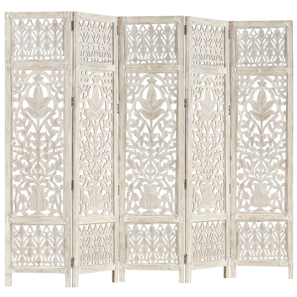 vidaXL Divisorio con 5 Pannelli Separè Speratore Paravento Richiudibile Mobili Arredamento Bianco 200x165 cm Legno Massello di Mango
