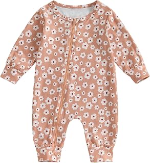 1Pc Infant Newborn Baby Girl Zipper Footless Sleep and Play Floral Jumpsuit Long Sleeve Ruffle Romper Clothes