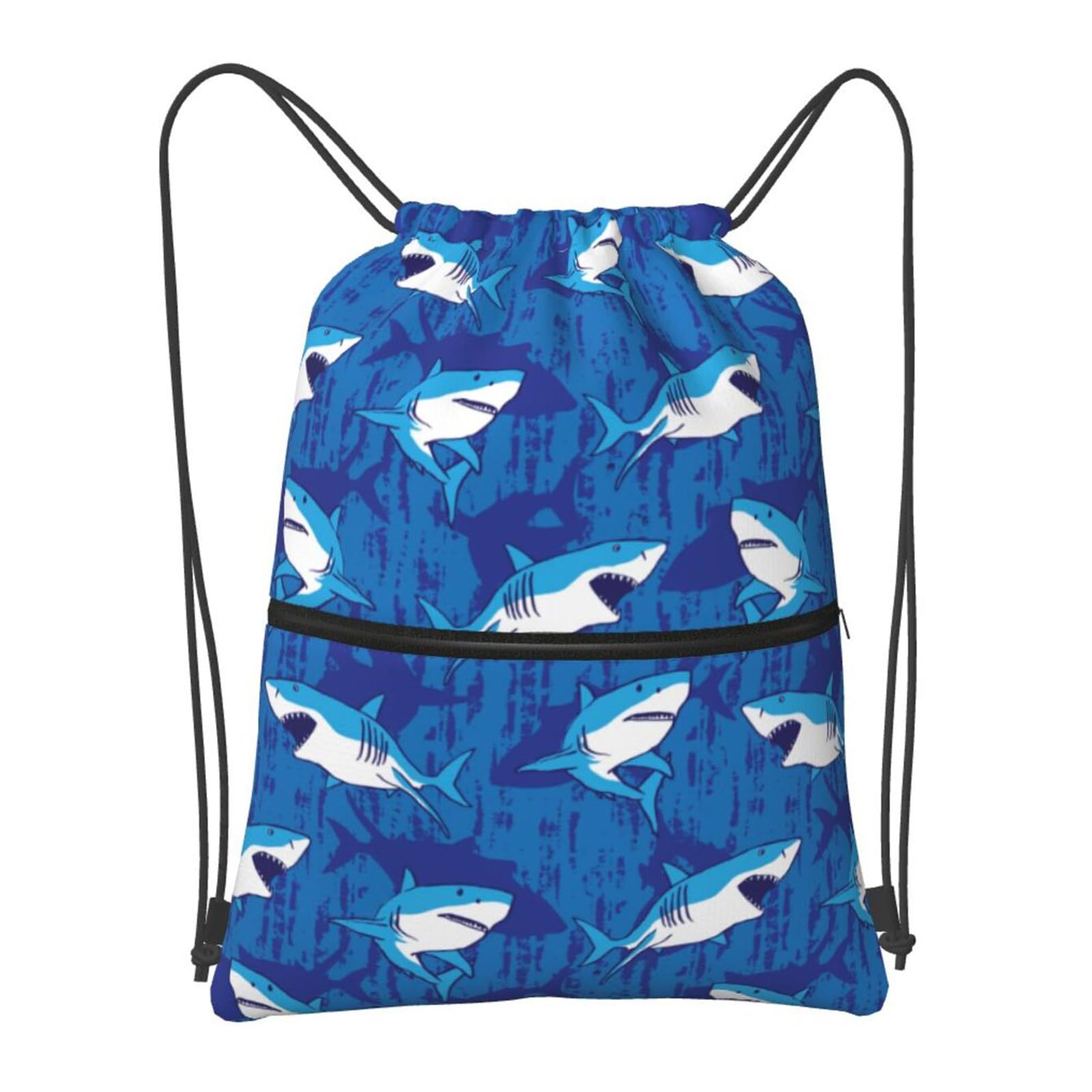 GardEssere Blue Shark Drawstring Bags Drawstring Gym Bag Waterproof Drawstring Backpack with Zipper Pocket for Kids Adults Beach Swimming Pool School Bag — image 1