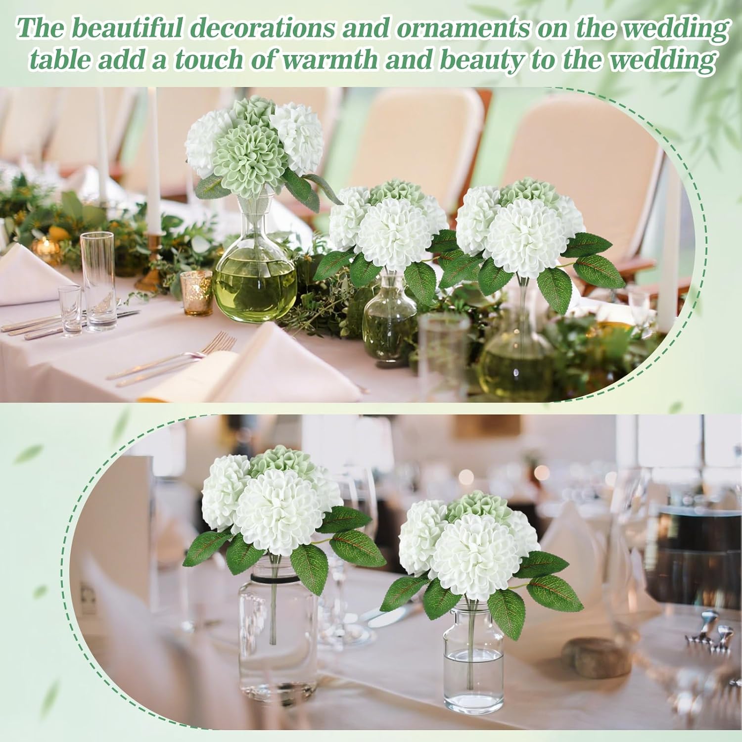 Giegxin 50 Pcs Sage Green Artificial Flowers with Stem for DIY Wedding Bouquets Centerpieces Arrangements, Green and White Dahlia Flowers for Bridal Shower Party Home Decorations, 3.15 Inches - Image 6