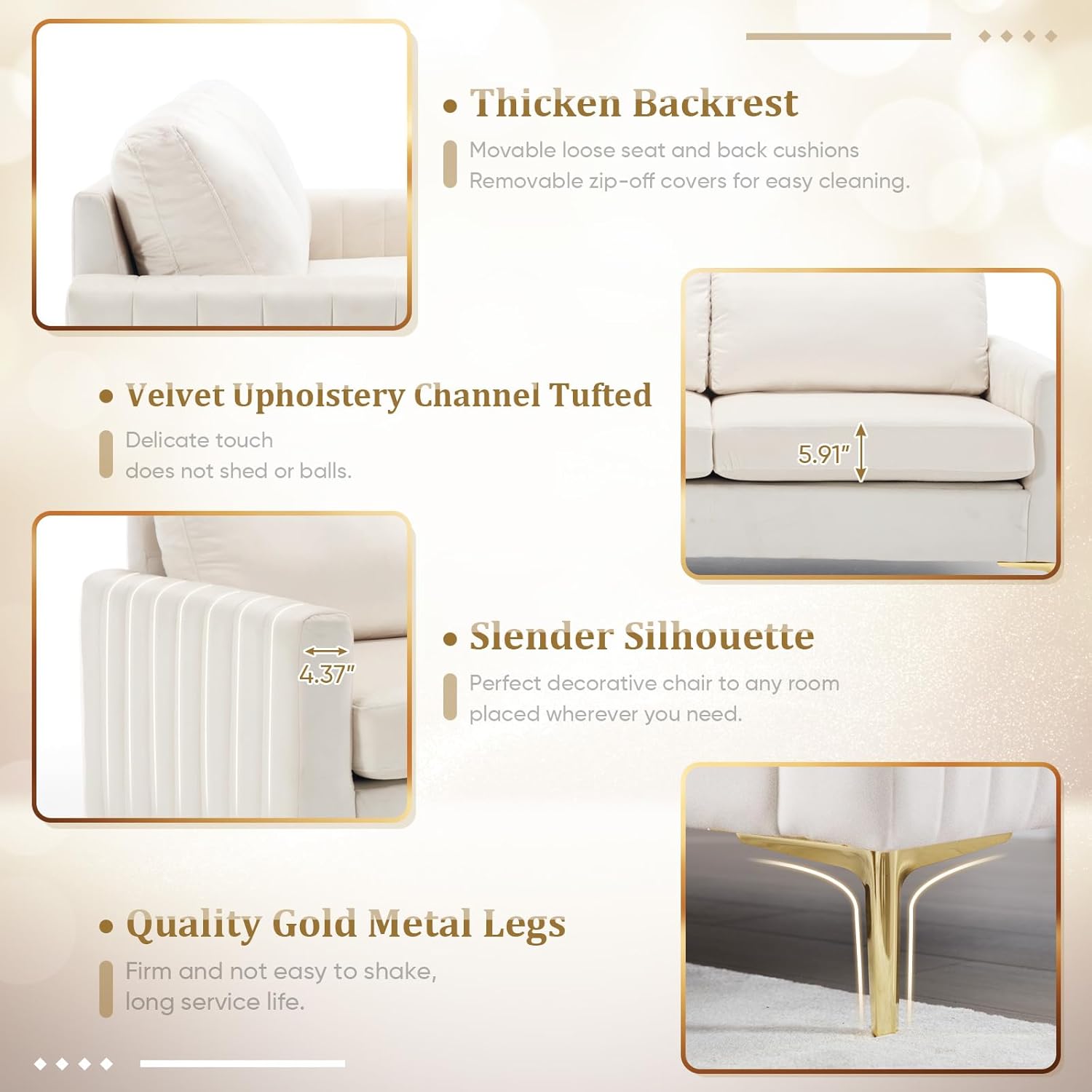 Velvet Accent Chairs Set of 2, Mid Century Modern Side Sofa Chair Comfy Upholstered Arm Chairs Living Room Set Furniture Bedroom Waiting Room Office with Gold Legs (Beige)