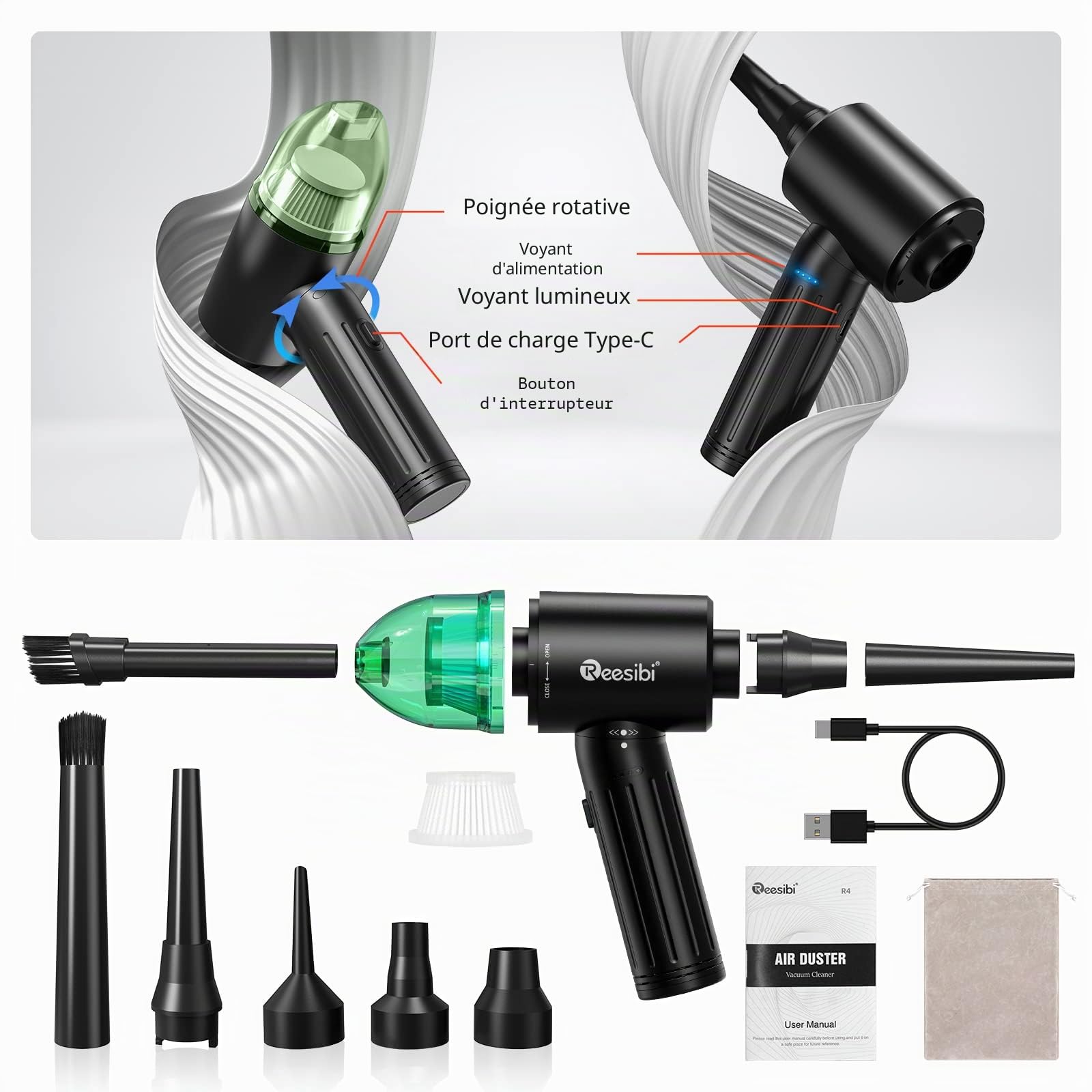 【Moteur sans Balais】 4-in-1 90W 130000RPM Plus Puissant Air Comprimé Depoussierante & 12 Kpa Aspirateur, Indicateur de Puissance, 3 Vitesses, Puce Intelligente, 7500mah, 15W Charge Rapide