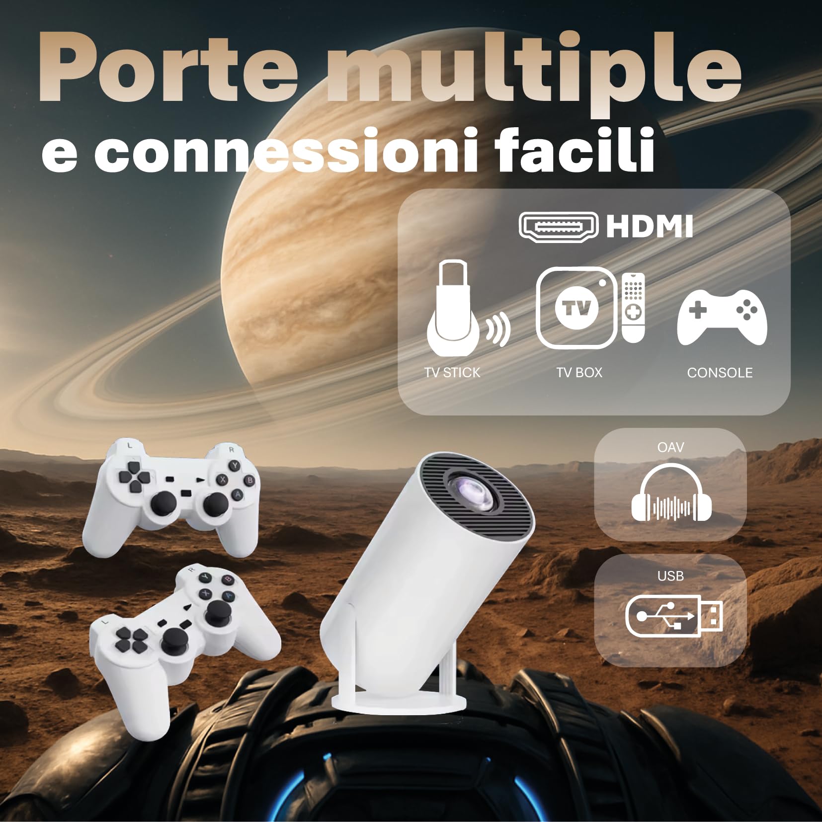 Proiettore Portatile 4K Supporto con Giochi Retro e Controller Wireless – Proiettore Esterno Casa con Wifi 6, BT 5.0, 1080P, Rotazione 180°, 1000 Lumen, Altoparlante Integrato e controller wireless