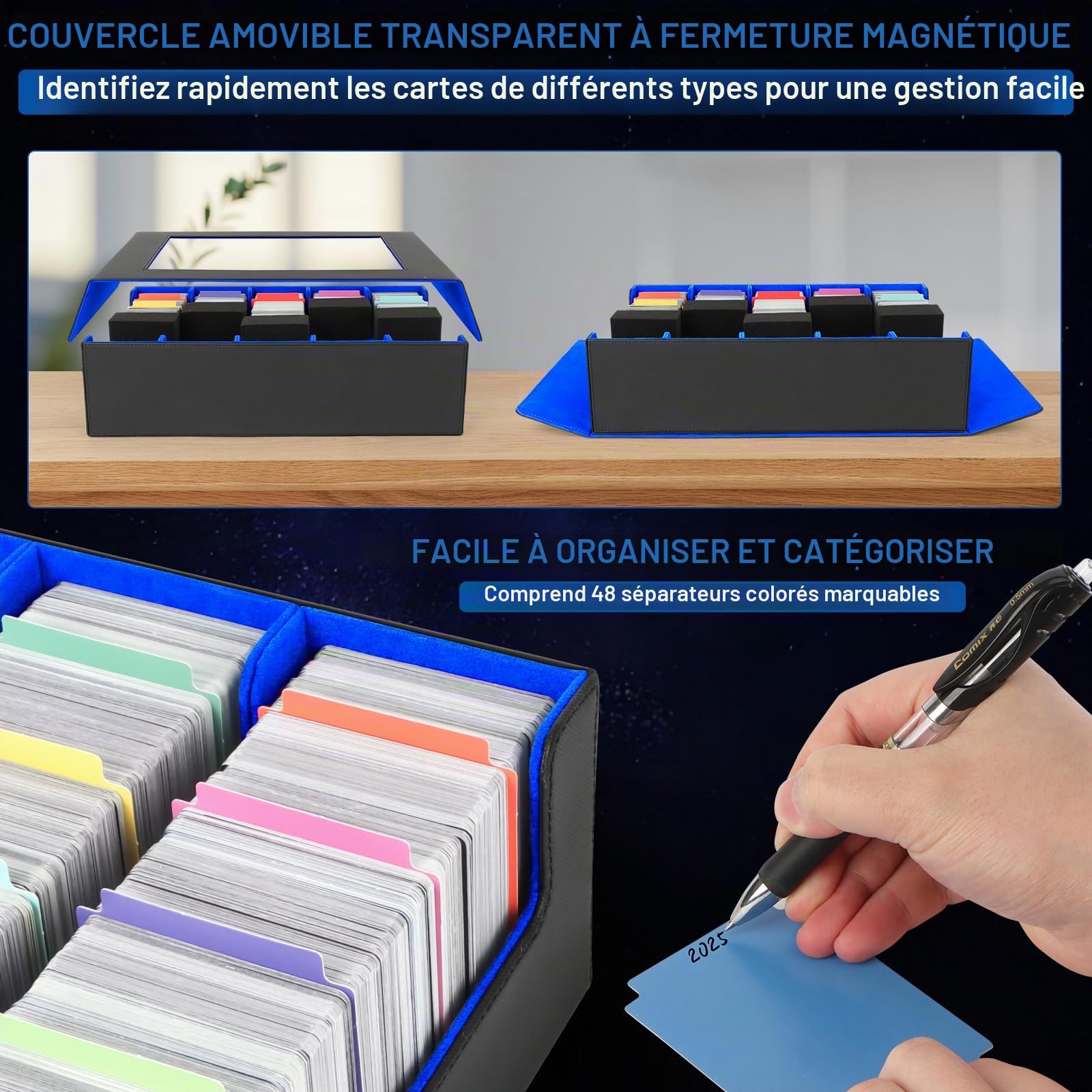 AOBOPLE Boîte de 5 Rangées Rangement de Cartes Pour 3900+ Cartes, Avec 48 Intercalaires et 5 Supports en Mousse, Boîte Rangement Carte Magnétiques de Qualité Supérieure,Rangement Cartes de Sport(Bleu)