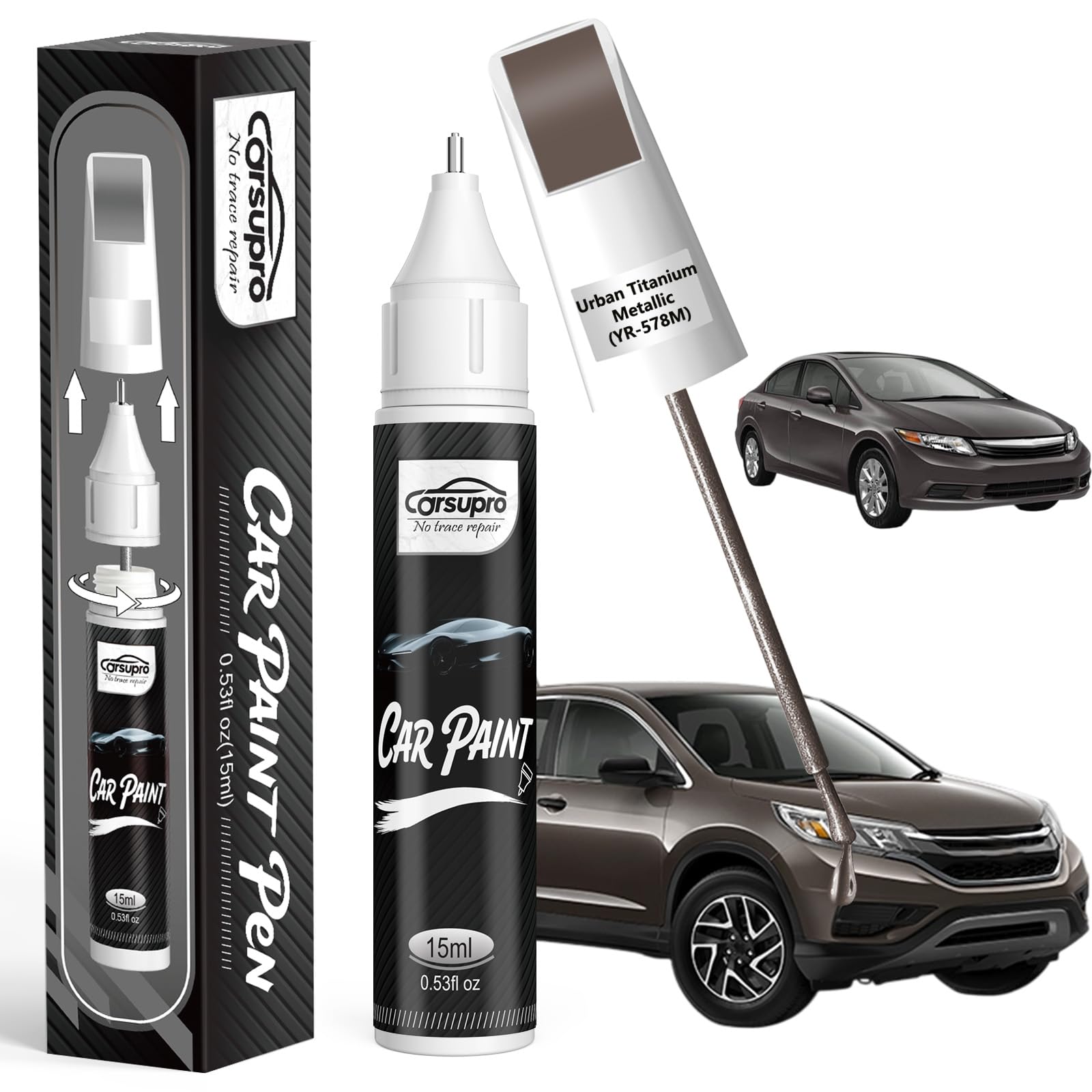 Urban Titanium Metallic(YR-578M) for Honda Touch Up Paint Pen, 2 in 1 Car Scratch Remover with Pen Tip and Brush, Precise Color Match for Car Paint Scratch Repair, Quickly and Easily Fix Chips and Nicks Urban Titanium Metallic(YR-578M) for CR-V/Civic