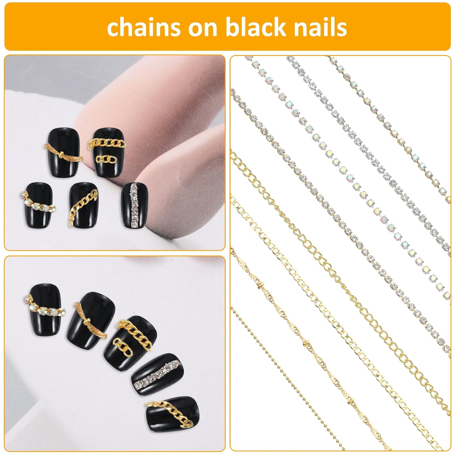 8 Strips Gold Silver 3D Nails Chain Charms Supplies 10''/20'' Punk Luxury Pearl Gem Nail Art Chains Metal Nail Art Chains Decorations DIY Manicure Jewelry Accessories with Box for Women(2 Sizes)
