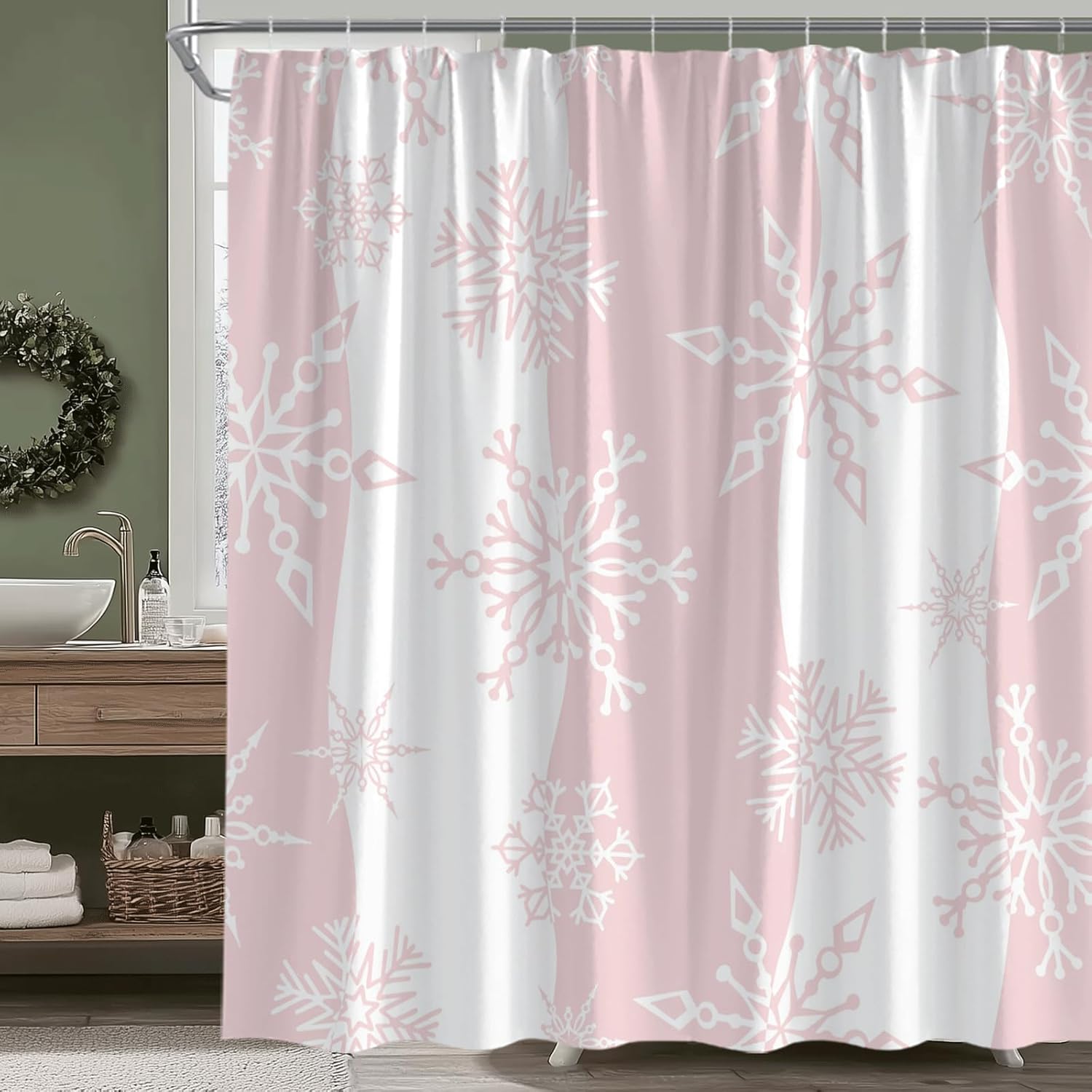 Christmas Snowflake Shower Curtain Pink White Snowflake Winter Holiday Fabric Bathroom Decor Set with Hooks,(70" Wx78 H)