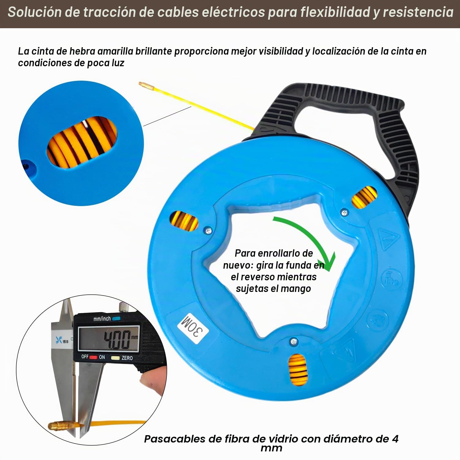 Cinta retráctil Guia Pasacables Trenzada 30m Guia Cables 4mm Alambre De Tracción Fibra de Vidrio Ayuda de Extracción de Cables para Tirar de Cable Guía Enhebrador de Alambre Electrico con Carcasa