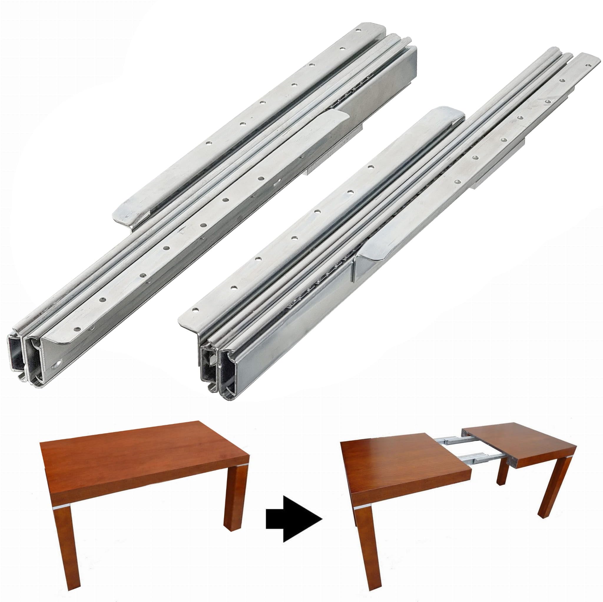 Brückmann - PRO Tischauszug 53/158 cm, Auszugsschiene für Tisch mit geteilter Zarge, Tischführungsschiene, zusammengeklappt 53 cm, ausgezogen 158 cm, 2 Einlegeplatten je 50 cm, Möbelbeschlag Schienen