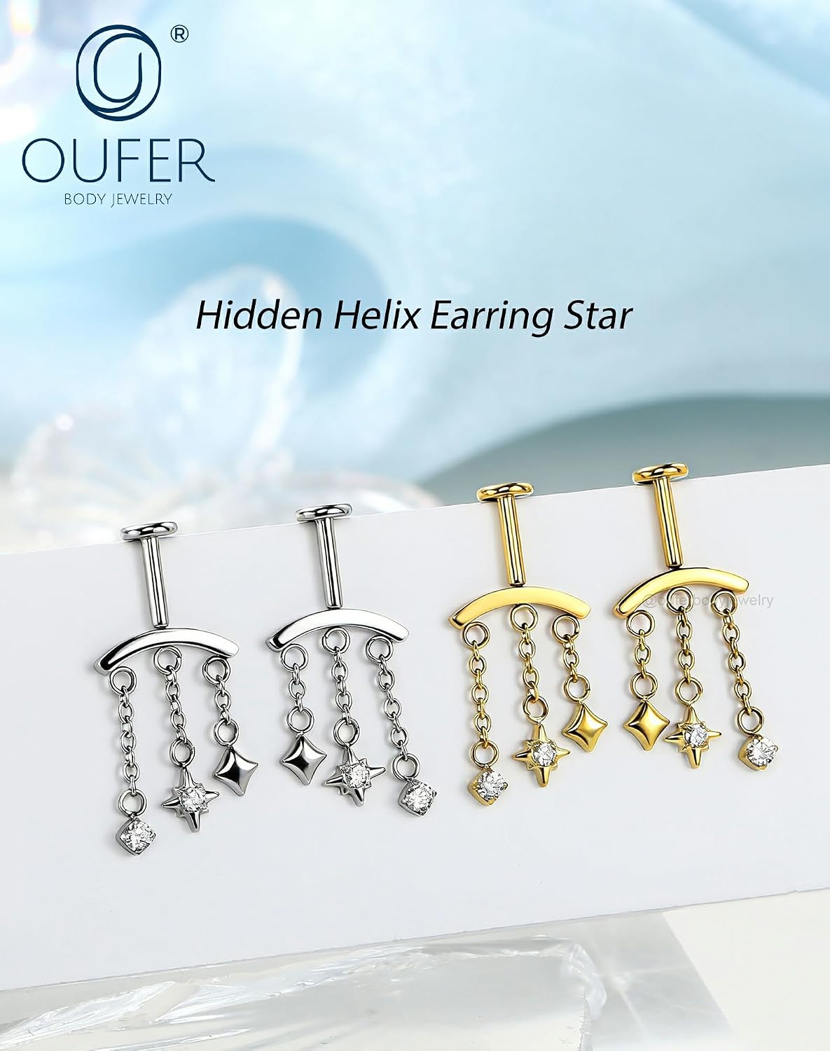 OUFER 16G Hidden Helix Earring Vertical Star Chain Dangle, Push Pin Threadless Flat Back Cartilage Earring, 316L Stainless Steel CZ Floating Helix Upper Ear Jewelry