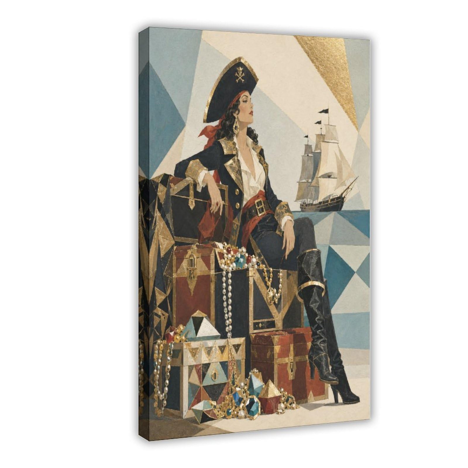 W7c8u2x3 Frame-Style-14 Pirate Queen On Treasure Chest Canvas Wall Art, Reading Corner