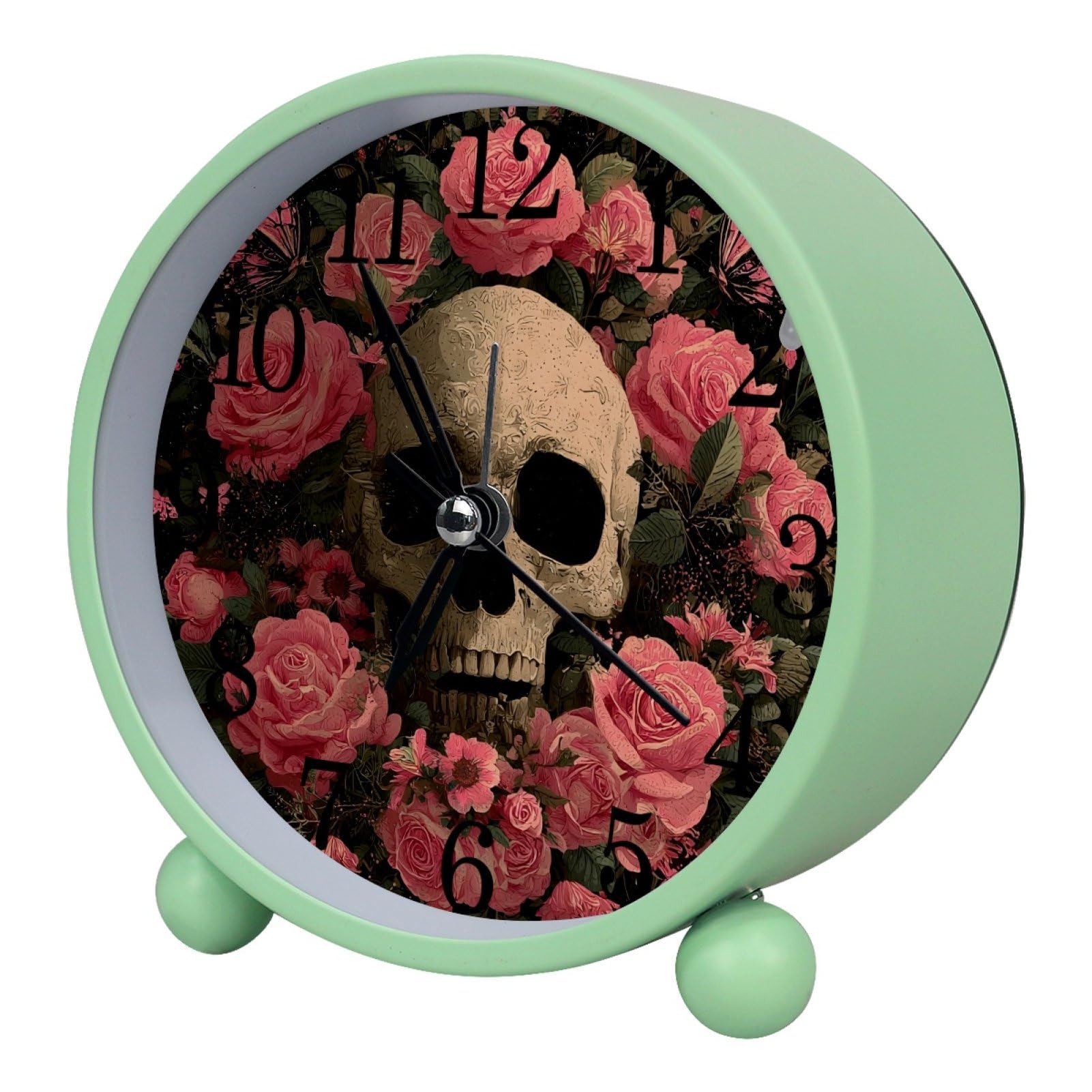 etoenbrc Gothic Skull and Pink Flowers 10.9" Alarm Clock,Small Battery Operated Clock, Slient Plastic Table Clock for Living Room Decor,Bedroom,Office