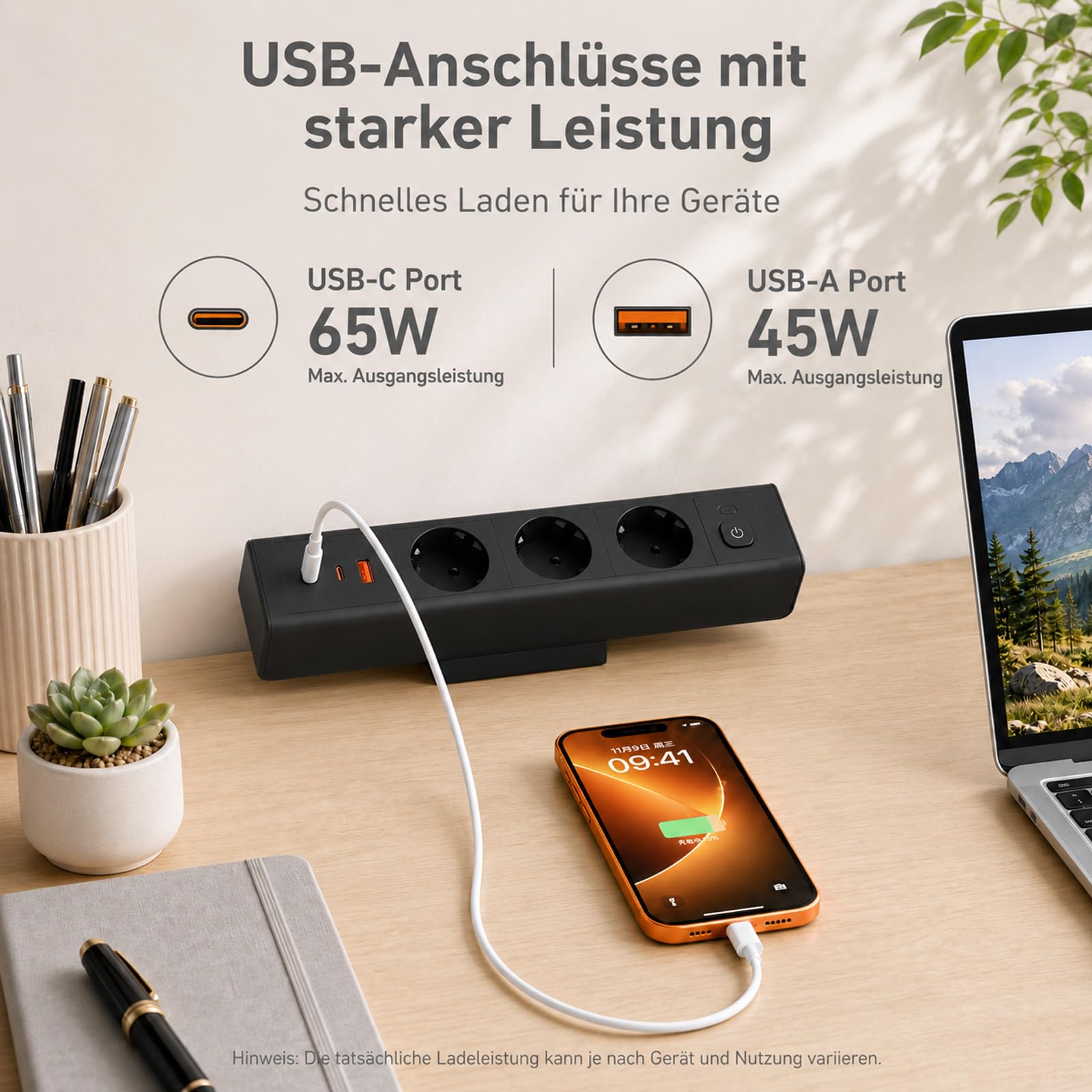 Tischsteckdose mit 65W USB C, Haiaoyyds Steckdosenleiste Schreibtisch mit 3 Steckdosen, 1,8M Kabel, Überlastschutz, Schreibtisch Steckdose für Zuhause & Büro, Schwarz