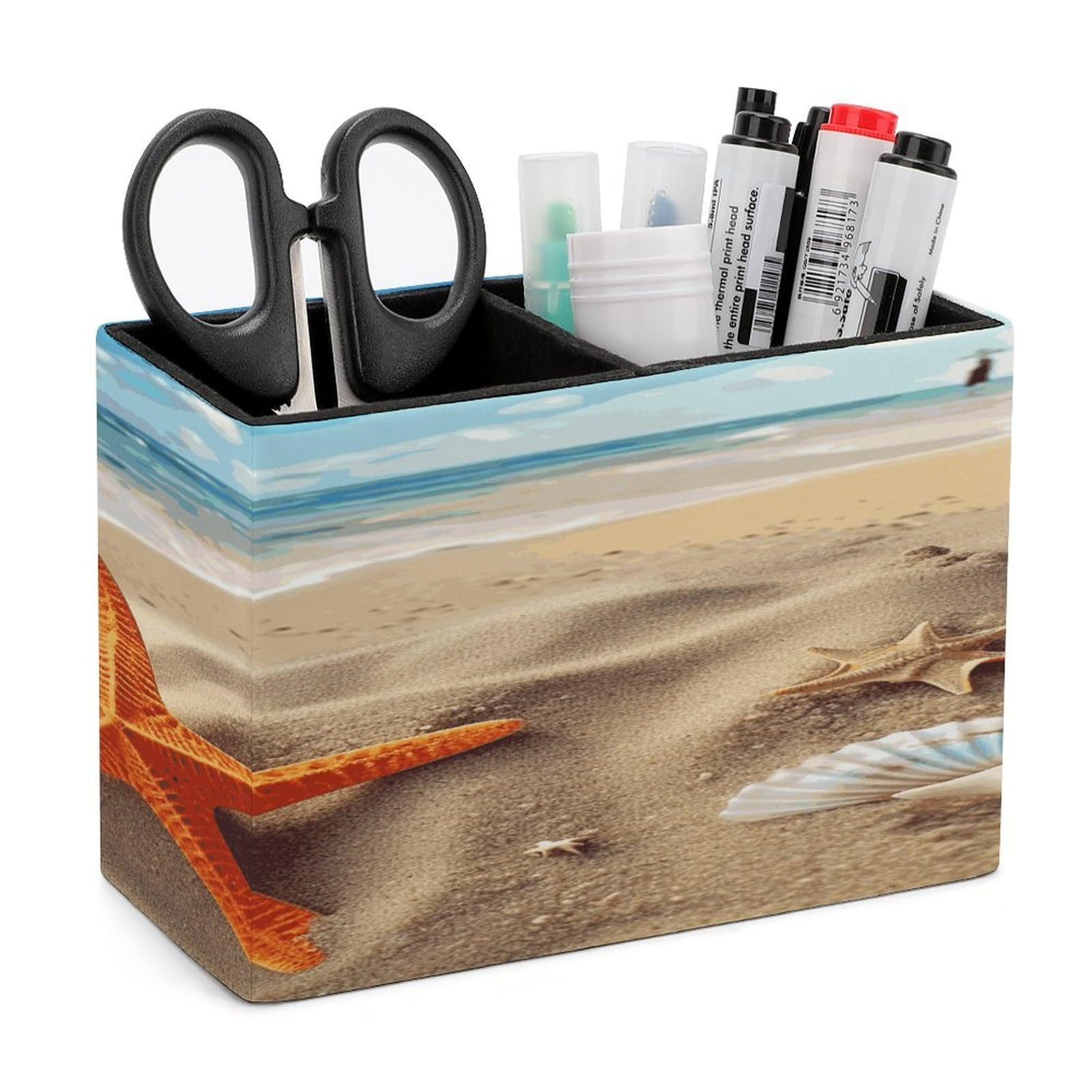 LDGSUPH Sea Beach Starfish Leather Pen Holder for Desk Organizer Caddy Large Pencil Cup Multi-function Pencil Holder Makeup Brush Holders Pen Organizer for Home Office Storage Box
