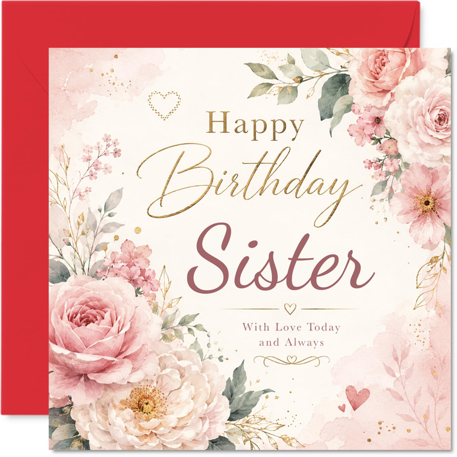 Sentimental Birthday Card for Sister - with Love Today and Always - Elegant Watercolour Roses, Gold Script & Hearts - 145mm Square, Envelope Included