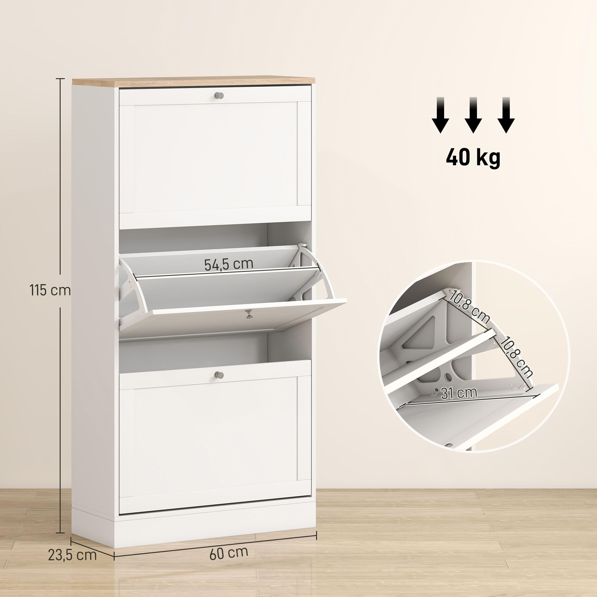 HOMCOM Meuble à Chaussures 3 Tiroirs 18 Paires 60 x 23,5 x 115 cm Blanc | Armoire à Chaussures Étroite, Moderne, Étagères Réglables, pour Couloir et Entrée