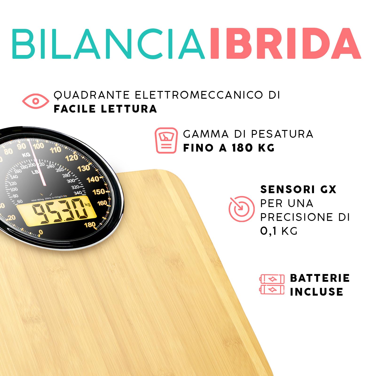 Hybrid Bilancia Pesapersone - Analogica & Digitale, Precisa fino a 180 kg | Leggete il peso su quadrante analogico e LCD insieme. Piattaforma larga, 3 batterie AAA incluse, pronta all'uso.