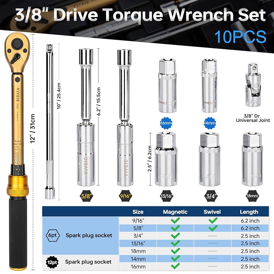 YIYEIE 10PCS Full Magnetic Spark Plug Socket Set with 3/8