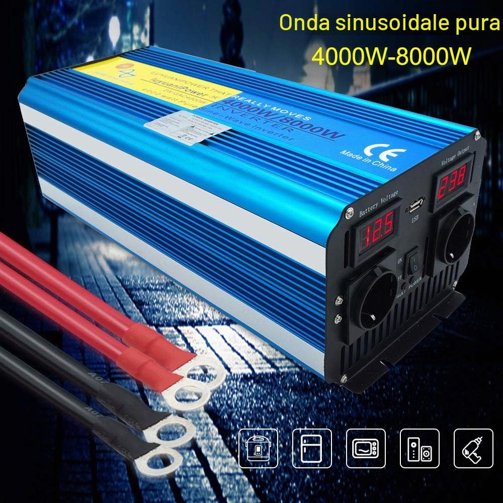Yinleader 4000W /8000W Inverter 12v 220v/230v Onda Sinusoidale Pura Convertitore di Tensione Trasformatore Con 2 Prese EU e Una USB, Telecomando Senza Fili 2 LED