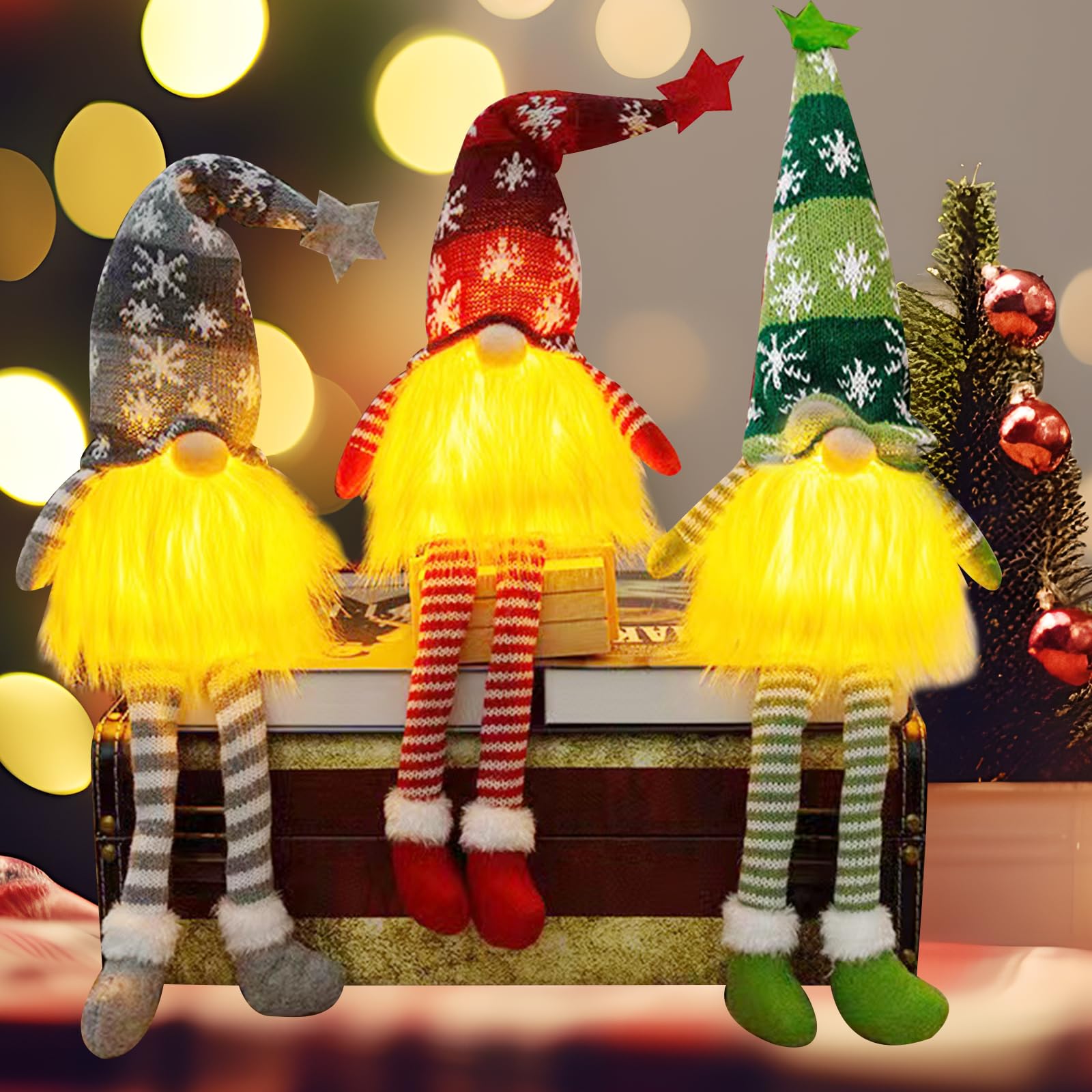 Kinyoda 3 Piezas Adornos De Navidad Gnomo, Gnomos de Peluche Sueco con Luz Led, Luces de gnomo de Navidad, MuñEca De Felpa Hecha A Mano De Papá, Adorno De Mesa Navideño para Puerta Chimeneas Mesa