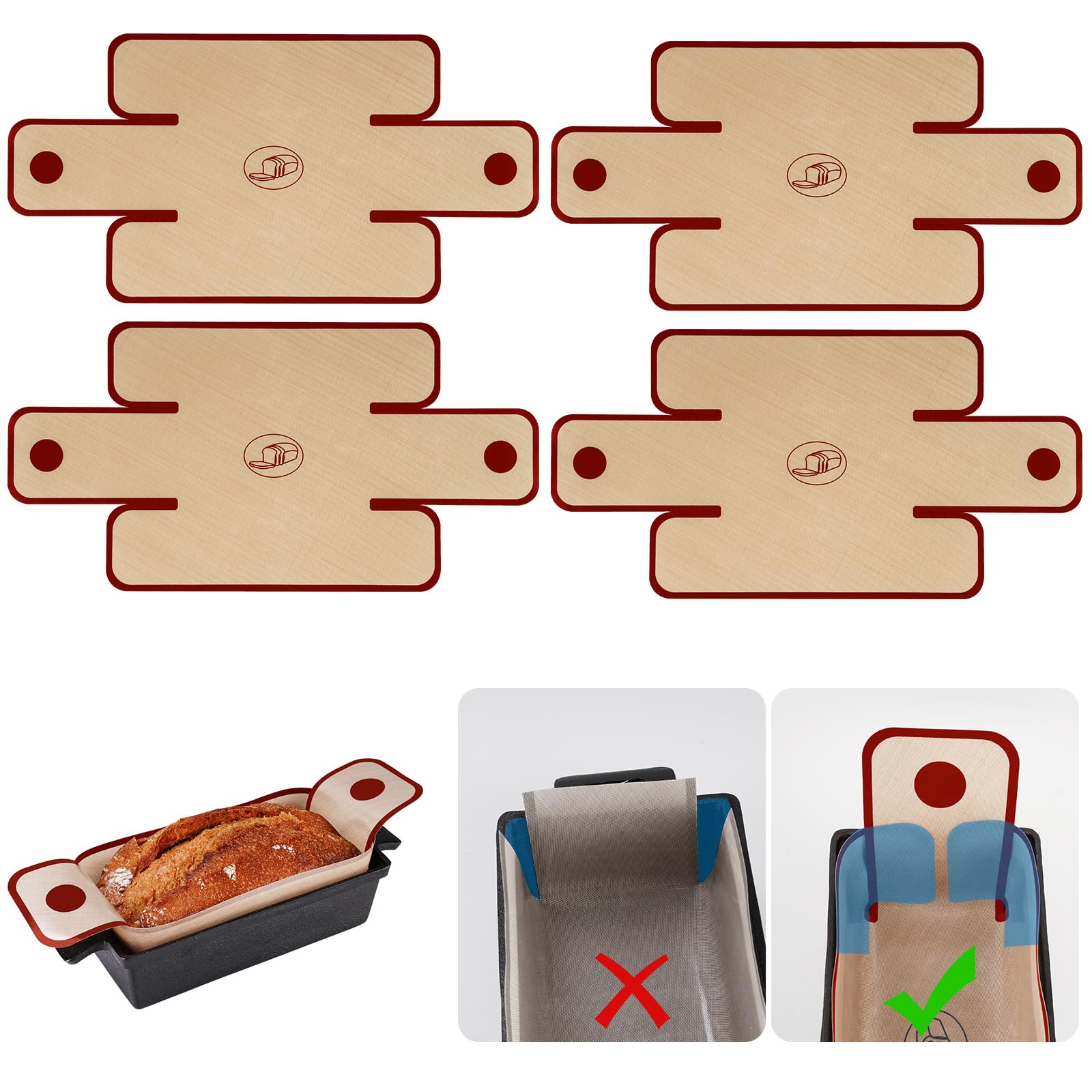 NiHome 4-Pack Silicone Bread Loaf Pan Liners, Reusable and Nonstick Silicone Bread Sling, Fit for 9x5, 9.5x5, and 10x5 Inch Loaf Pans, Dishwasher Safe, Easy to Clean - Brown Base, red Edges