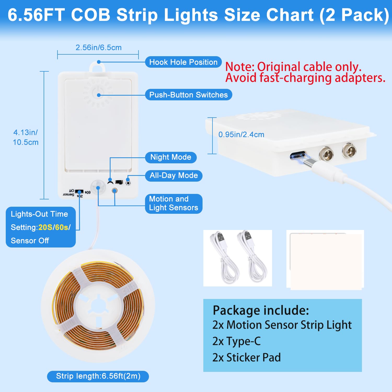 OMIKA Lot de 2 bandes lumineuses à DEL COB à détecteur de mouvement, 640 LED, 6 000 K, blanc froid, 1 500 mAh, autocollantes, découpables pour cuisine, armoire, pistolet, décoration extérieure