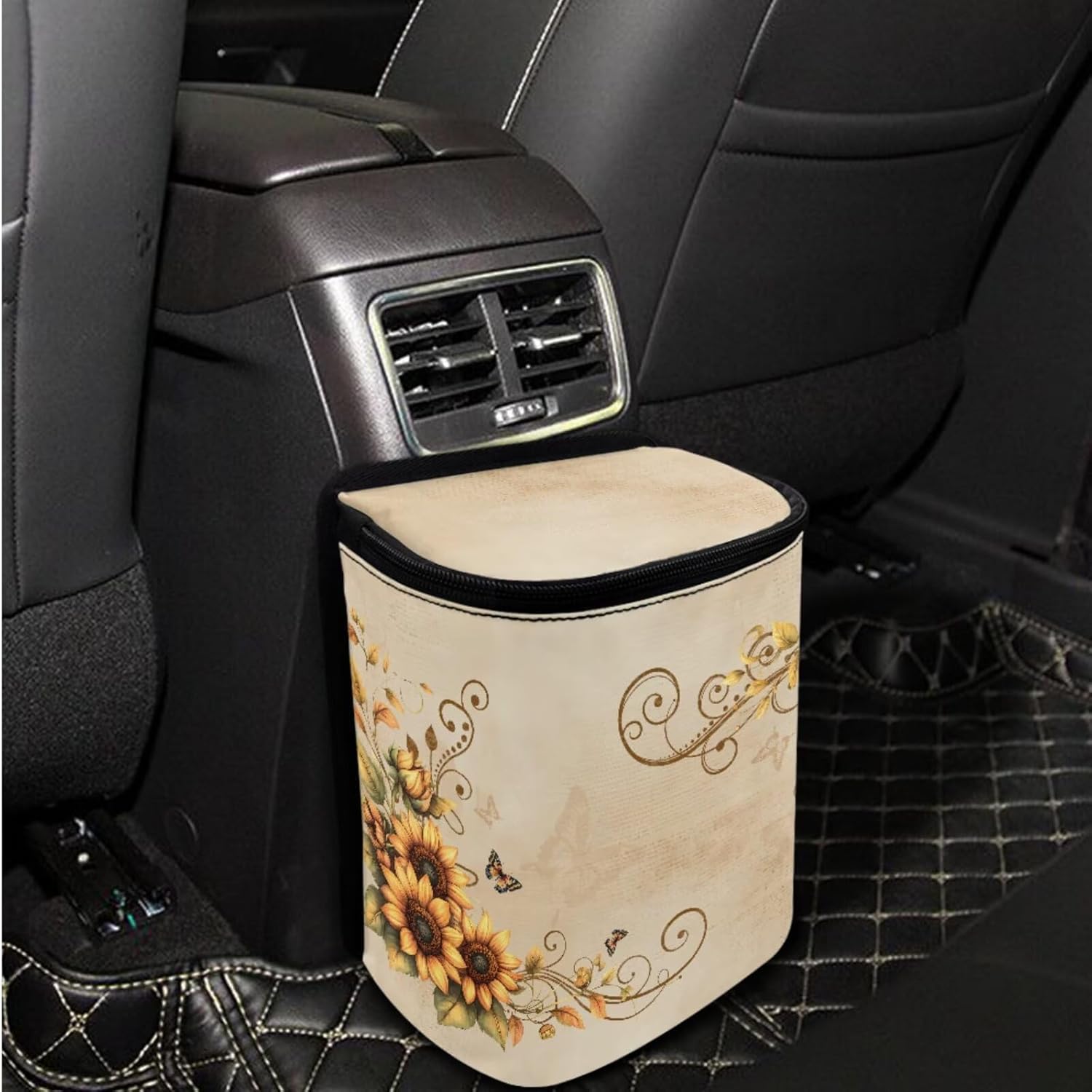 Funnydude Sunflower Print Car Seat Cover Full Set with Trash Can Summer Thin Car Seat Cover and Mini Trash Can