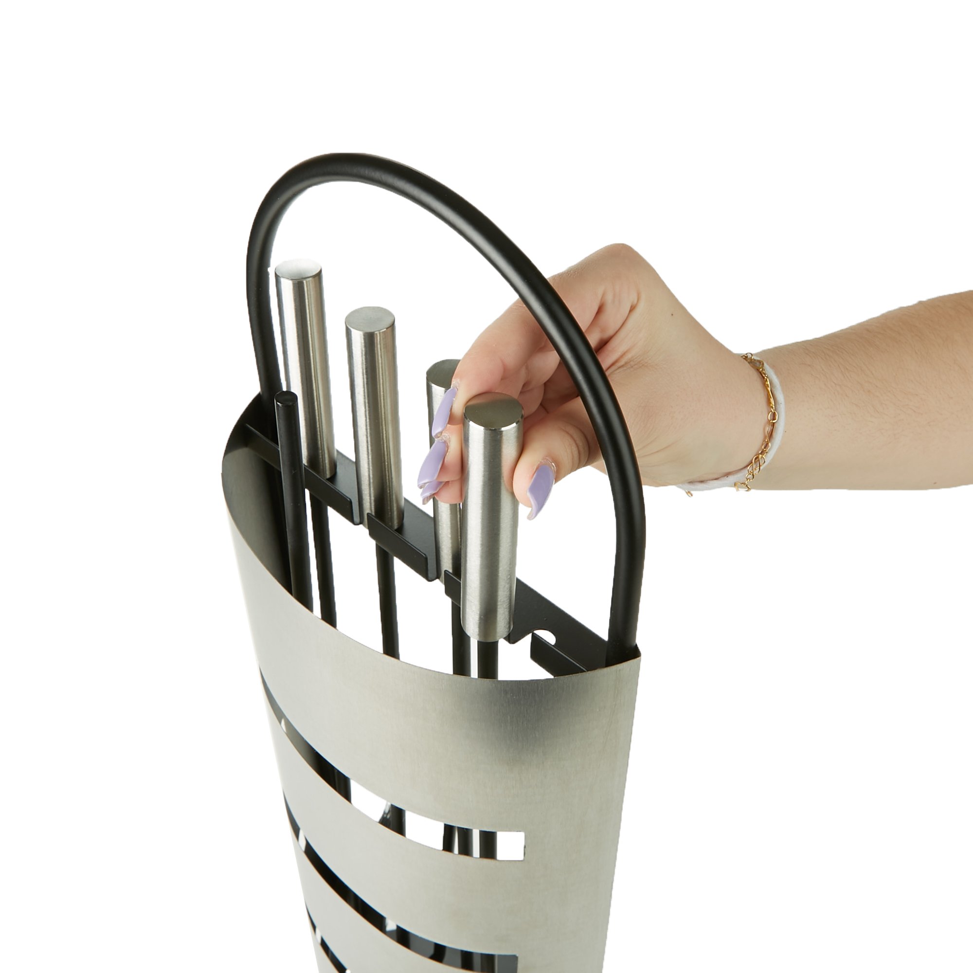 Mind Reader COOLFIRE4-SIL 4 Piece Stand Alone Fire Place Set, Steel Construction, Includes Stand, Brush, Shovel/Scooper, Poker, Tongs Black